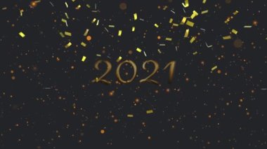 Altın renkli metnin animasyonu 2021, altın konfetisi ve turuncu ışık lekeleri ile siyah üzerine. kutlama, gelenek ve mevsimsel olay konsepti dijital olarak oluşturulmuş video.