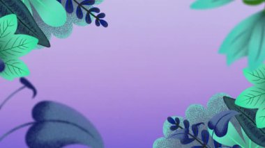 Mor gökyüzünde ay olan yeşil yaprakların animasyonu. Doğa ve yaz konsepti dijital olarak üretilen video.