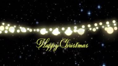 Mutlu noel mesajlarının animasyonu ve ışıldayan peri ışıkları dizeleri. Noel, gelenek ve kutlama konsepti dijital olarak oluşturuldu.