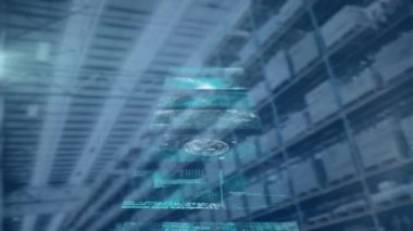 Arka planda depo ile veri işleme ile birden fazla ekran. Bilgisayar arayüzü teknolojisi ve lojistik iş konsepti