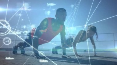 Dışarıda egzersiz yapan kadın ve erkek arasındaki bağlantı ağının animasyonu. global spor, fitness, veri işleme ve dijital arayüz kavramı dijital olarak oluşturulmuş video.