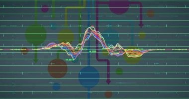 Renkli oklar ve daireler üzerinde istatistik ve veri işleme animasyonu. küresel veri işleme, iş, dijital arayüz ve teknoloji konsepti dijital olarak oluşturulmuş video.