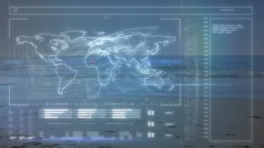 Plajda koşan fit bir kadının veri işleme animasyonu. spor ve yarışma konsepti dijital olarak oluşturulmuş video.