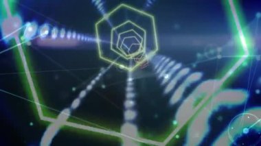 Küre animasyonu, parlak ışık sıraları ve bağlantı ağı olan neon altıgenler. küresel bağlantılar, dijital arayüz ve teknoloji konsepti dijital olarak oluşturulmuş video.