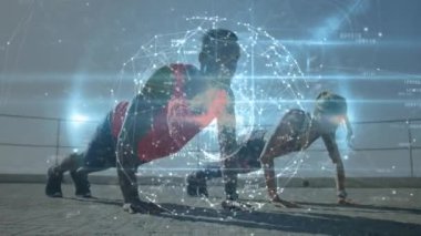Dışarıda egzersiz yapan kadın ve erkek arasındaki bağlantı ağının animasyonu. global spor, fitness, veri işleme ve dijital arayüz kavramı dijital olarak oluşturulmuş video.