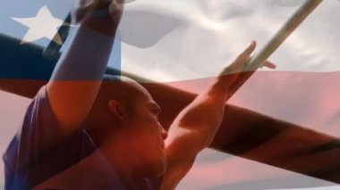 Bayrak animasyonu güçlü kaslı adamın barfiks çekmesine yol açıyor. global spor, fitness ve egzersiz konsepti dijital olarak oluşturulmuş video.