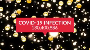 Metin covid 19 enfeksiyonunun animasyonu, artan sayıda, altın konfeti ışıkları ve siyah üzerinde emojiler. Kutlama, iletişim teknolojisi ve covid 19 salgın konsepti dijital olarak oluşturulmuş video.