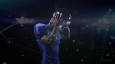 Siyah arka planda Amerikan futbolcusu üzerinden bağlantı ağının animasyonu. global spor, rekabet ve bağlantılar dijital olarak oluşturulmuş video konsepti.