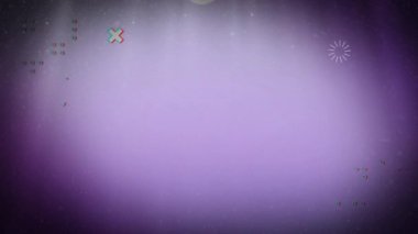 Soluk mor gökyüzünde haçların, noktaların ve ikonların canlandırması. küresel iletişim ve veri işleme kavramı dijital olarak oluşturulmuş video.