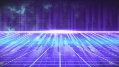 Parlak mavi çizgilerin ve hareketli renkli ızgaraların animasyonu. Video oyunu, tıbbi araştırma, bağlantılar ve dijital olarak oluşturulmuş eğlence konsepti.