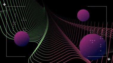 Yüzen kıvrımlı çok renkli çizgilerin ve siyah arkaplanda mor kürelerin animasyonu. küresel iletişim ağı ve dijital arayüz arkaplan kavramı dijital olarak oluşturulmuş video.