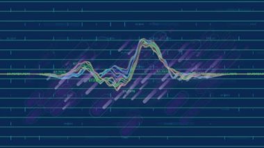 Mor ışık yollarının üzerinde veri işleme animasyonu. küresel bilim, veri işleme ve dijital arayüz kavramı dijital olarak oluşturulmuş video.