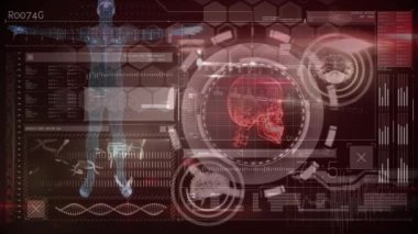 İnsan vücudu animasyonu, DNA iplikçikleri ve veri işleme. küresel bilim, veri işleme ve dijital arayüz kavramı dijital olarak oluşturulmuş video.