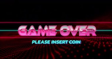 Metalik pembe harflerle yazılan ve ağların üzerinde çizgiler olan oyun animasyonu. Video oyunu, iletişim ve eğlence konsepti dijital olarak oluşturuldu.