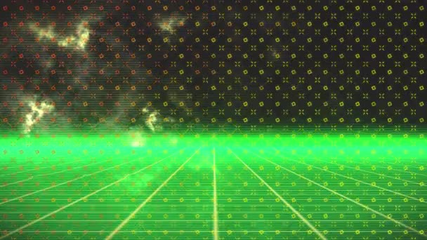輝く移動緑のグリッド上に黄色の図形を移動するアニメーション ビデオゲーム 医学研究 接続とエンターテイメントの概念デジタル生成ビデオ — ストック動画