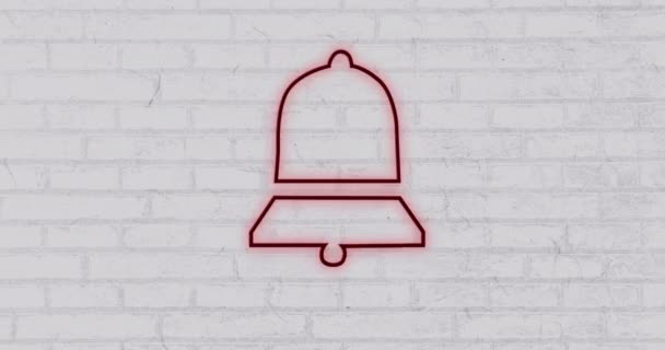 Animation Neon Bell Notification Icon Flickering Copy Space Brick Wall — Stock Video