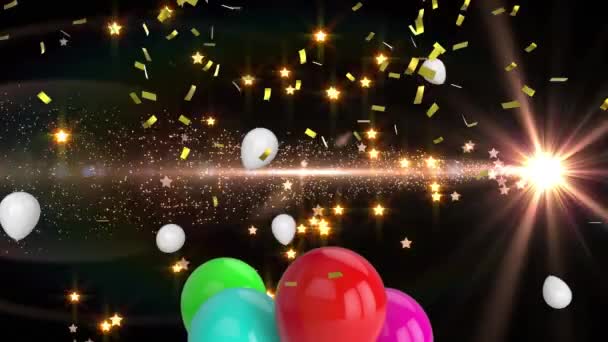 Animación Confeti Cayendo Globos Multicolores Volando Sobre Fondo Negro Concepto — Vídeos de Stock