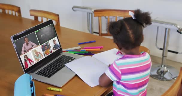在校女生在家里用笔记本电脑上网上课 屏幕上有各种各样的老师和班级 全球通信技术与在线初等教育概念 数字复合视频 — 图库视频影像