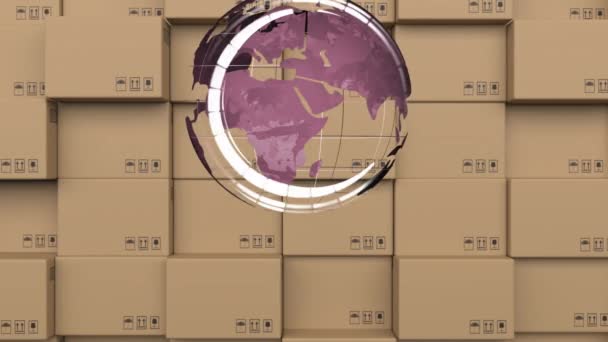 Animación Del Escaneo Del Visor Del Globo Sobre Cajas Cartón — Vídeos de Stock