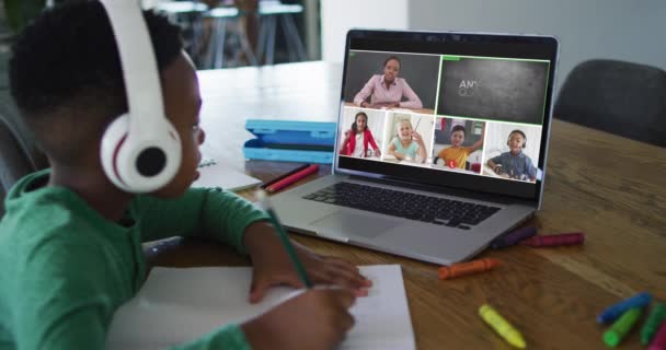 Schüler Mit Laptop Für Online Unterricht Hause Mit Verschiedenen Lehrern — Stockvideo