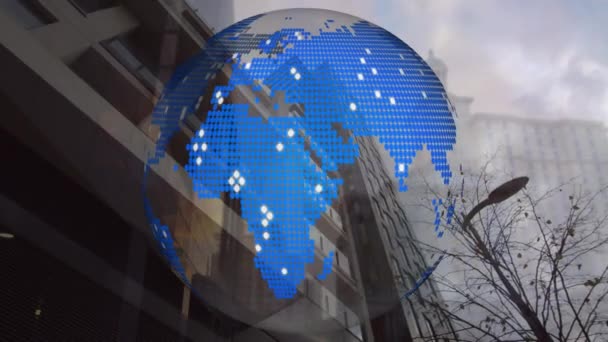 Animation Globe Tournant Sur Paysage Urbain Concept Global Entreprise Connexion — Video