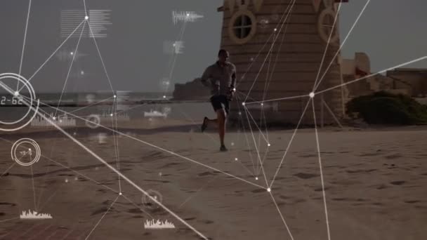 Анимация Обработки Данных Над Человеком Бегущим Пляже Спорт Концепция Соревнований — стоковое видео