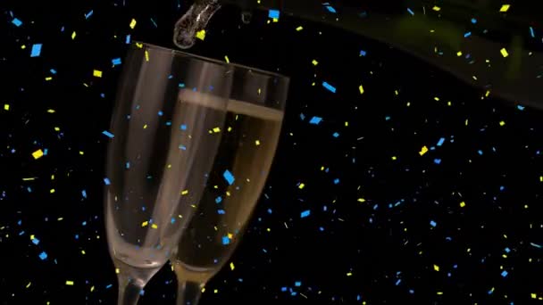 Анимация Падения Конфетти Бокалами Шампанского Новый Год Вечеринка Празднование Концепции — стоковое видео