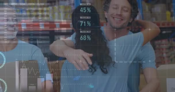 Animación Del Procesamiento Datos Sobre Personas Felices Abrazándose Almacén Concepto — Vídeos de Stock