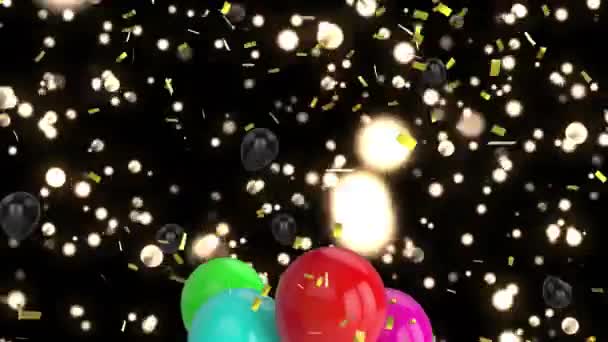 Animación Confeti Cayendo Globos Multicolores Volando Sobre Fondo Negro Concepto — Vídeos de Stock