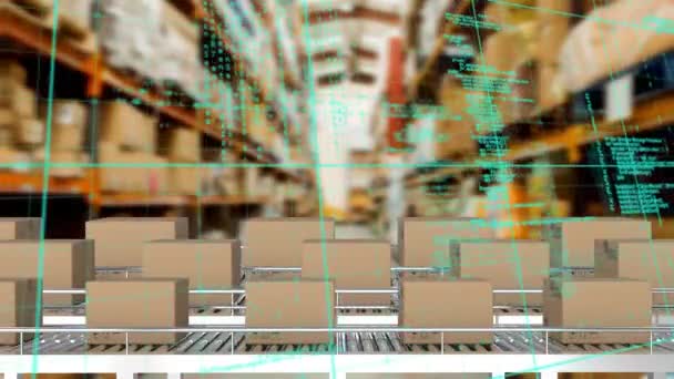 Animatie Van Statistische Verwerking Transportbanden Met Boxen Wereldwijde Scheepvaart Digitale — Stockvideo