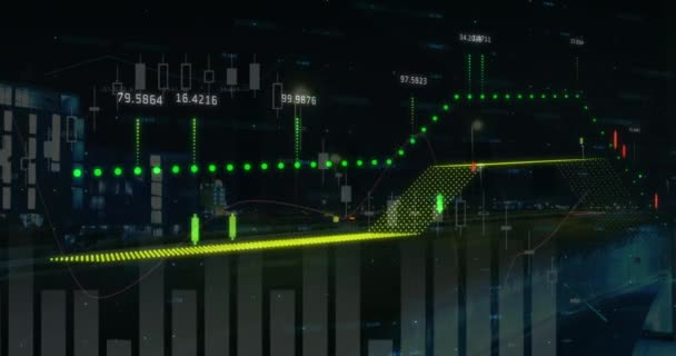 Animering Statistik Och Ekonomisk Databehandling Över Stadsbilden Globala Finanser Affärs — Stockvideo