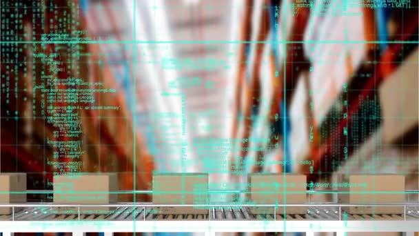 Animatie Van Gegevensverwerking Kartonnen Dozen Transportband Magazijn Global Data Processing — Stockvideo