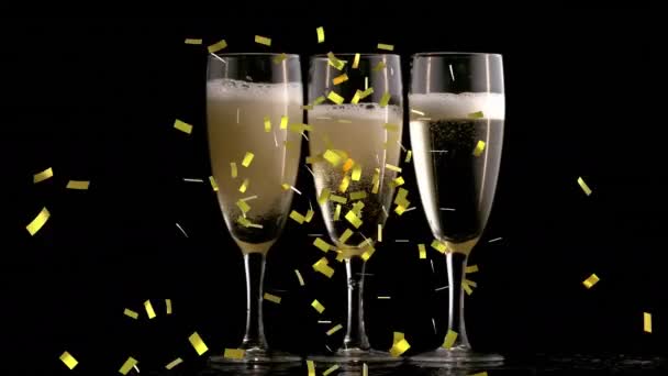 Animatie Van Gouden Confetti Die Een Glas Champagne Valt Nieuwjaar — Stockvideo