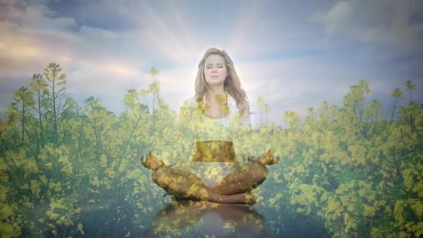 Animation Glowing Light Woman Practicing Yoga Yellow Flowers Sky Nature — Stock Video