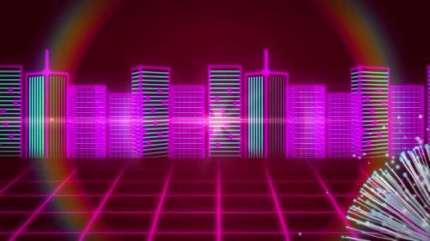 Animatie Van Digitaal Stadsbeeld Witte Vliegende Lichtsporen Bewegend Rood Raster — Stockvideo