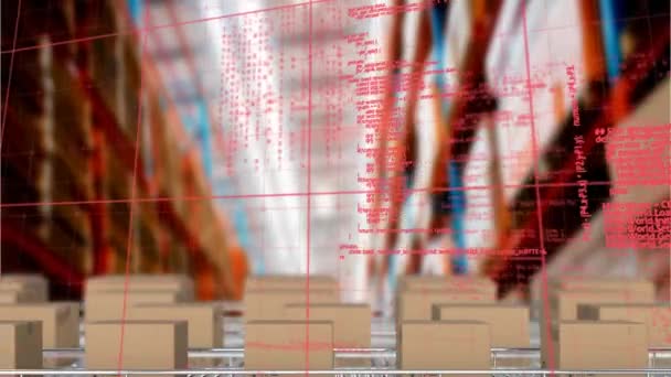 仓库输送带纸板箱上的数据处理动画 全球数据处理 航运和交付概念数字生成的视频 — 图库视频影像