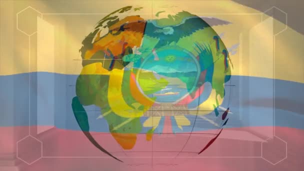 Animacja Markerów Ekranie Nad Flagą Ekwadoru Globu Globalne Przetwarzanie Danych — Wideo stockowe