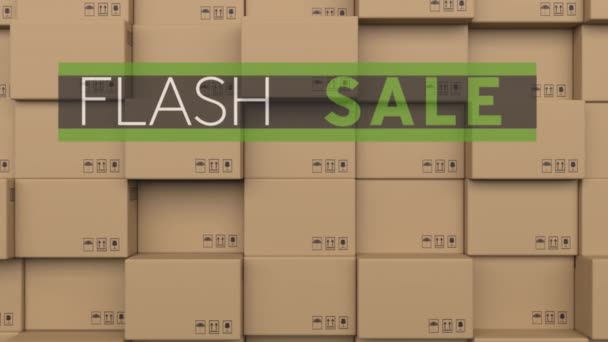 Animación Texto Venta Flash Sobre Pila Cajas Cartón Almacén Concepto — Vídeos de Stock