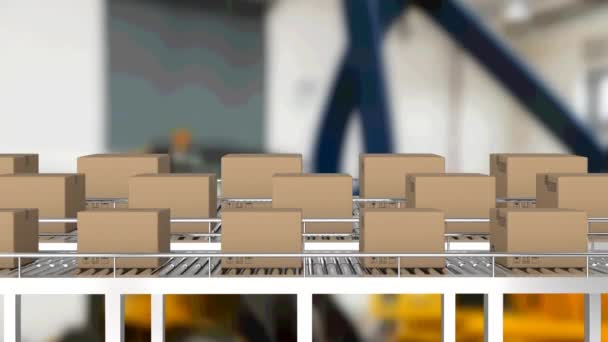 Animatie Van Kartonnen Dozen Transportbanden Magazijn Global Shipping Delivery Connecties — Stockvideo