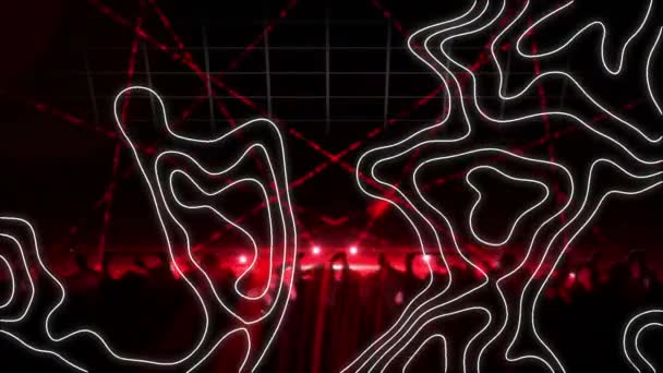 Animáció az emberek sziluettek tánc piros reflektorok és fehér vonalak. party, zene és szórakozás koncepció digitálisan generált videó.