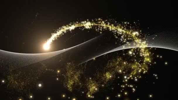 Animação Fogos Artifício Ouro Cintilante Sobre Linhas Curvas Paralelas Brancas — Vídeo de Stock