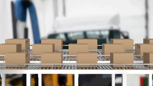 Beberapa Kotak Pengiriman Ban Berjalan Melawan Pabrik Latar Belakang Logistik — Stok Video