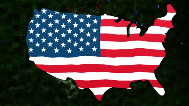 美国国旗覆盖黑色背景的美国地图动画 爱国主义和庆祝概念数码视频 — 图库视频影像