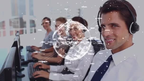 Animation Globe Connections Business People Wearing Headsets Global Communication Business — Stock Video