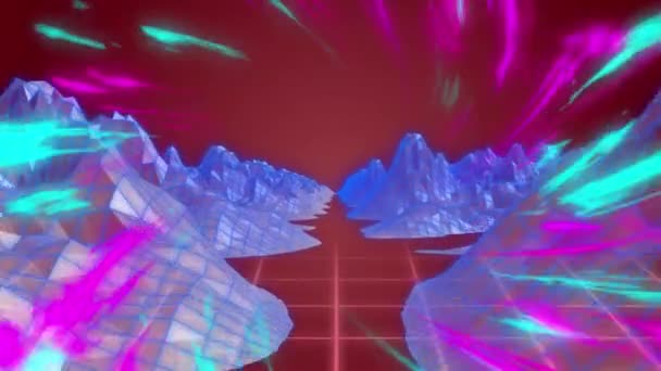 カラフルなグリッドを移動する上で青とピンクのライトカラフルなデジタル風景のアニメーション ビデオゲーム 医学研究 接続とエンターテイメントの概念デジタル生成ビデオ — ストック動画