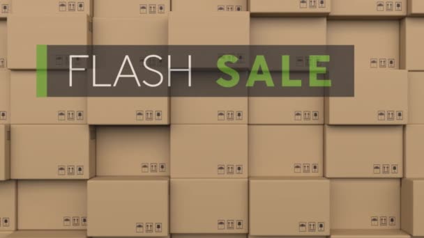 Animación Texto Venta Flash Sobre Pila Cajas Cartón Almacén Concepto — Vídeo de stock