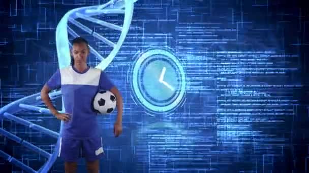 Animering Dna Strand Spinning Och Databehandling Över Kvinnliga Fotbollsspelare Globalt — Stockvideo