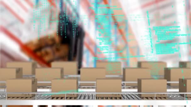 Animation Data Processing Cardboard Boxes Conveyor Belts Warehouse Global Data — Stock Video