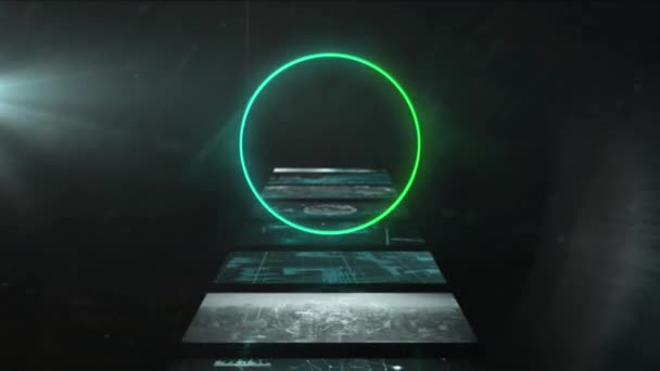 Animation Blue Green Neon Circles Data Processing Cascade Interface Screens — Stock Video