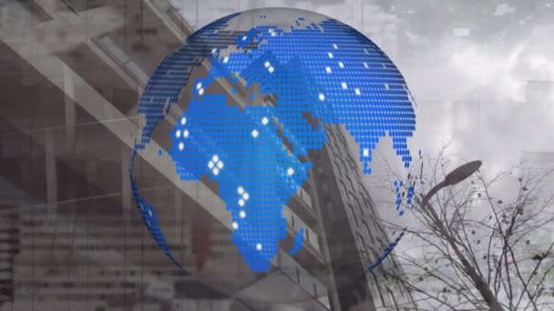 Animation Globe Spinning Cityscape Global Business Connections Development Data Processing — Stock Video